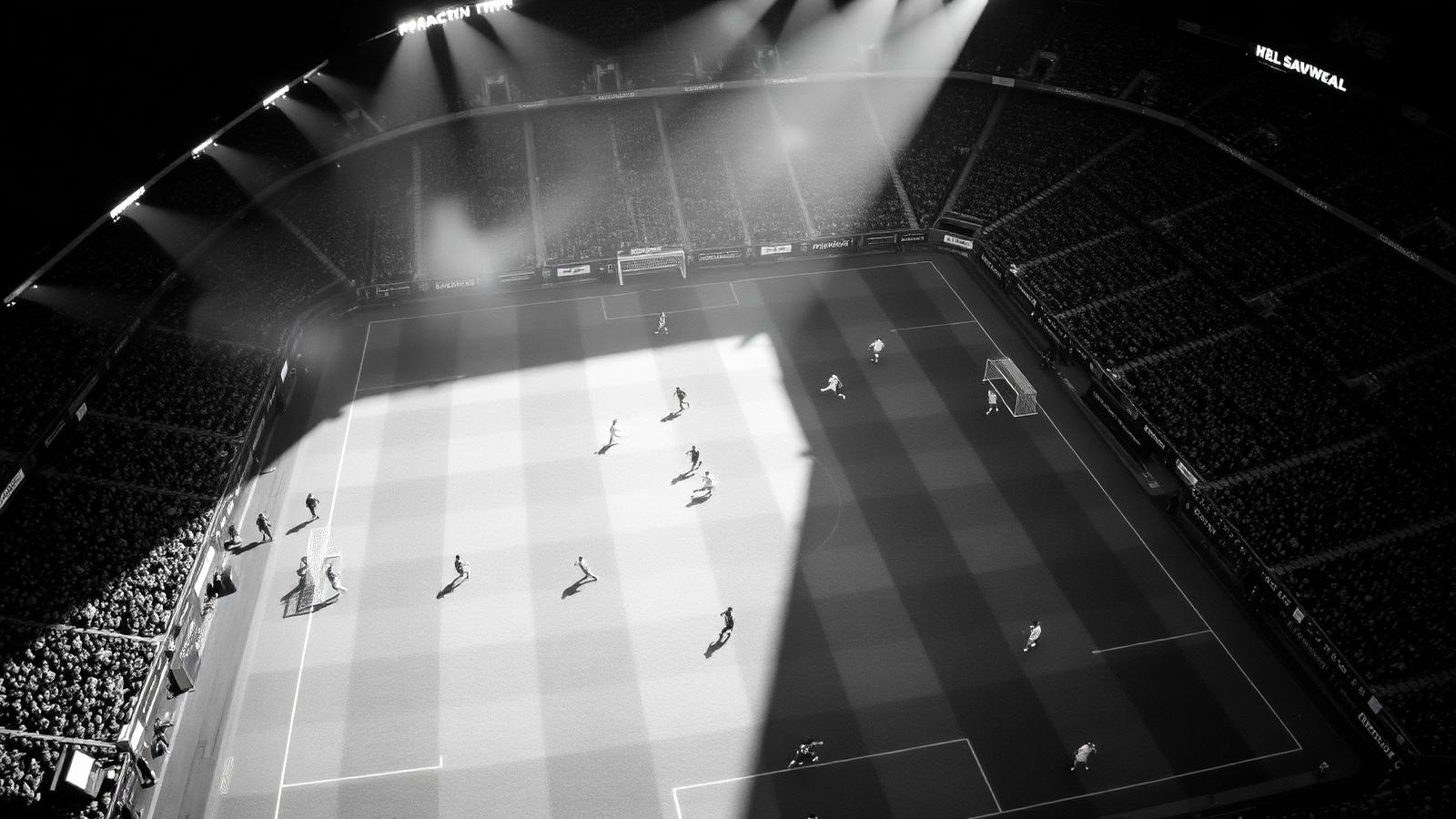 Aerial broadcast view of a football match