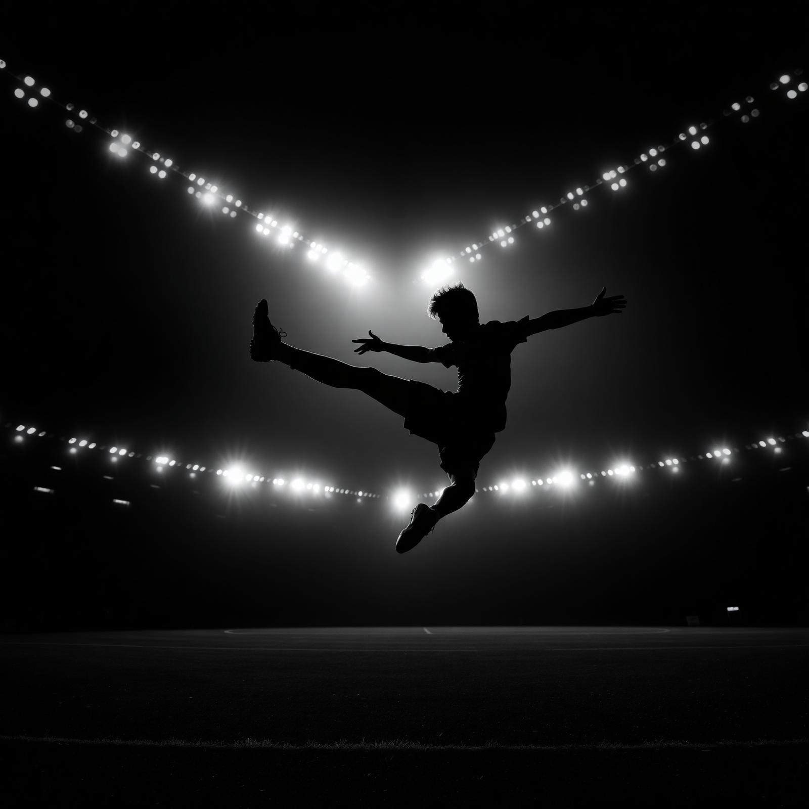 Young footballer performing a skill move against stadium lights
